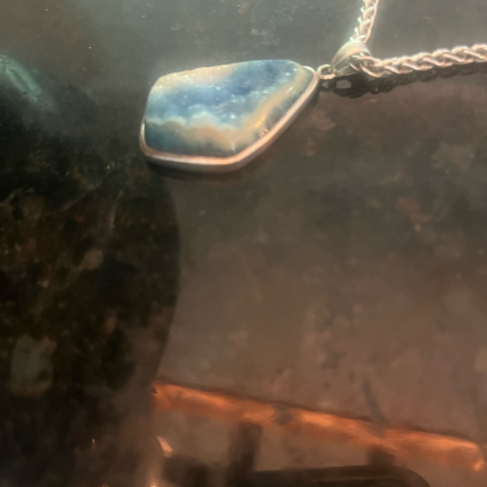 Blue Druze Pendant on Sterling Silver Necklace - Picture 6 of 6